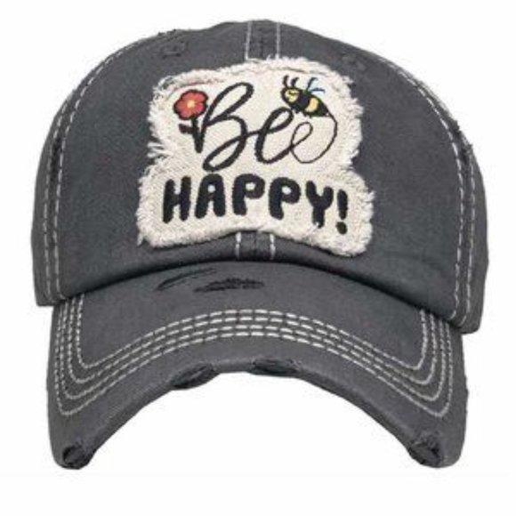 Accessories - NWT Distressed Bee Happy Black Cap